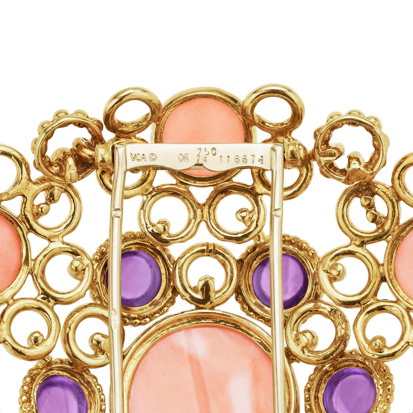 Van Cleef & Arpels France 1970s 18KT Yellow Gold Amethyst & Coral Résille Suite signature