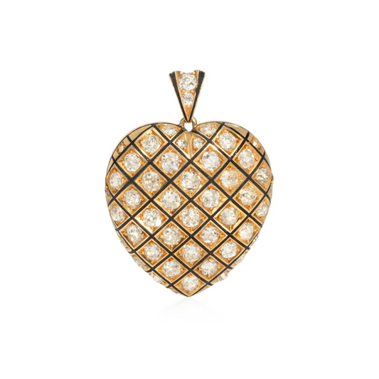 Victorian 18KT Yellow Gold Diamond & Enamel Heart Pendant front