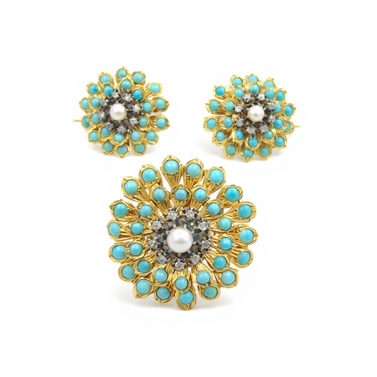 French Antique 18KT Yellow Gold Turquoise, Diamond, & Natural Pearl Set front