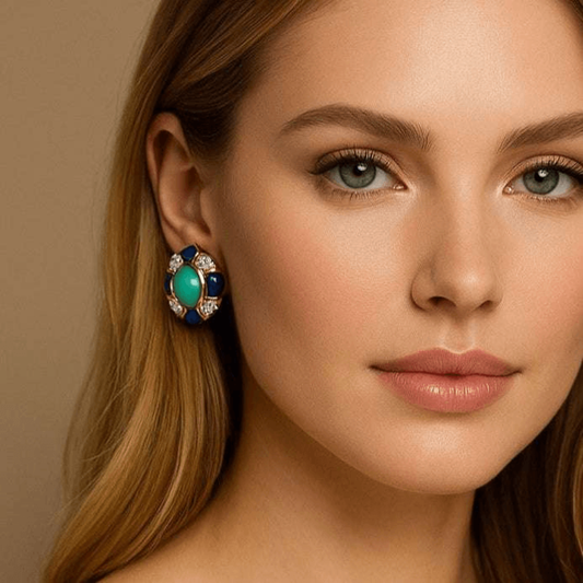 David Webb 1980s 18KT Yellow Gold Turquoise, Diamond & Lapis Lazuli Earrings on ear