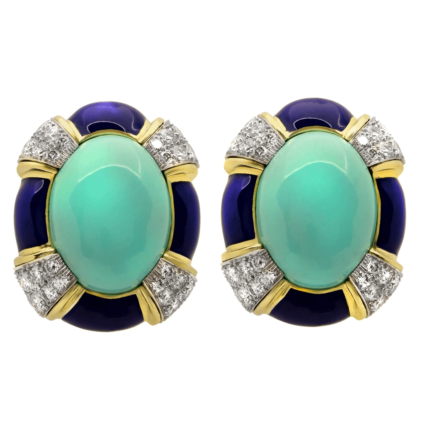 David Webb 1980s 18KT Yellow Gold Turquoise, Diamond & Lapis Lazuli Earrings front
