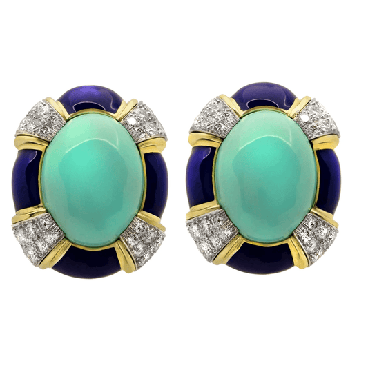David Webb 1980s 18KT Yellow Gold Turquoise, Diamond & Lapis Lazuli Earrings front