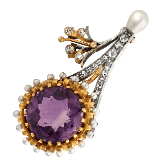 1980s Platinum & 18KT Yellow Gold Amethyst, Diamond, Cultured Pearl Brooch front