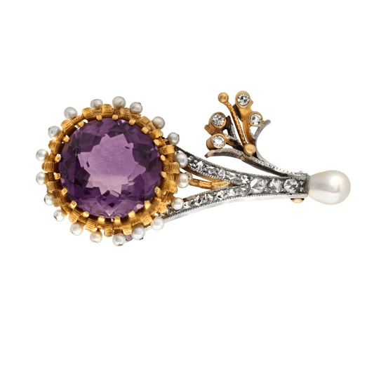 1980s Platinum & 18KT Yellow Gold Amethyst, Diamond, Cultured Pearl Brooch front