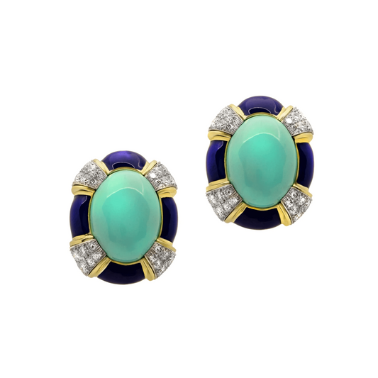 David Webb 1980s 18KT Yellow Gold Turquoise, Diamond & Lapis Lazuli Earrings front