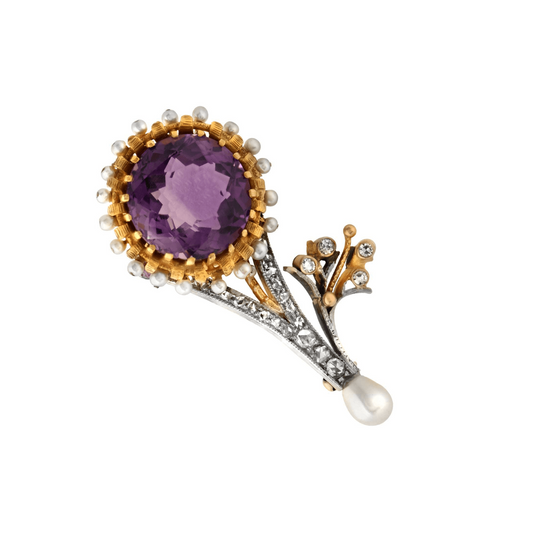 1980s Platinum & 18KT Yellow Gold Amethyst, Diamond, Cultured Pearl Brooch front