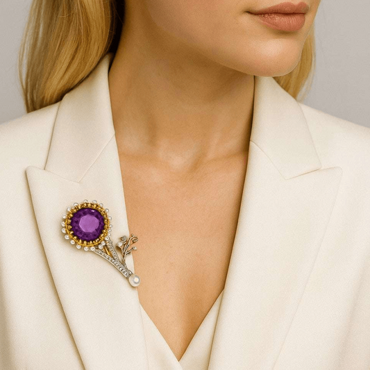 1980s Platinum & 18KT Yellow Gold Amethyst, Diamond, Cultured Pearl Brooch on lapel