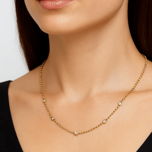 Contemporary 18KT Yellow Gold Diamond Necklace on neck