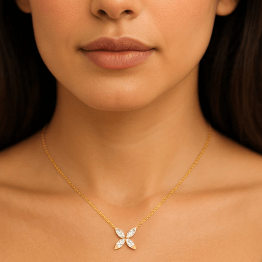 Contemporary 18KT Yellow Gold Diamond Necklace on neck