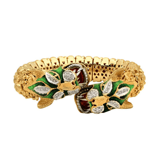Post-1980s 18KT Yellow Gold Diamond & Enamel Dragon Bracelet front
