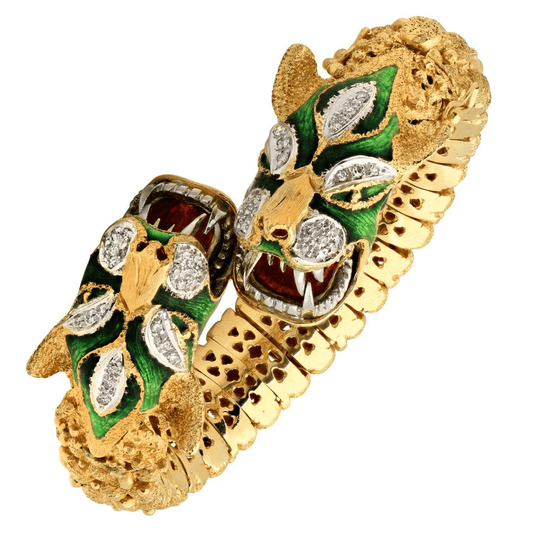 Post-1980s 18KT Yellow Gold Diamond & Enamel Dragon Bracelet front
