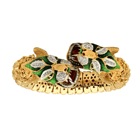 Post-1980s 18KT Yellow Gold Diamond & Enamel Dragon Bracelet front