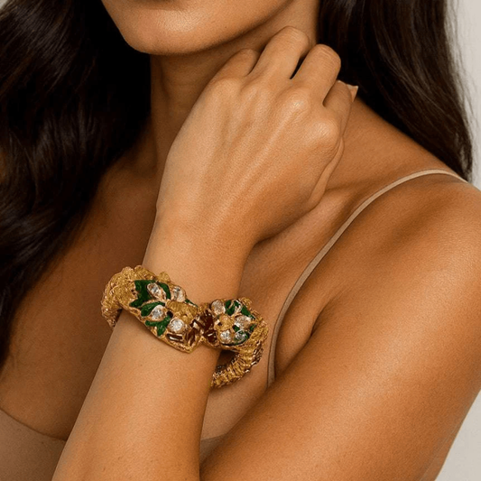 Post-1980s 18KT Yellow Gold Diamond & Enamel Dragon Bracelet on wrist