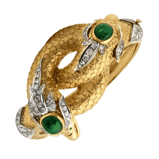 Post-1980s 18KT Yellow Gold Jade & Diamond Serpent Bracelet front