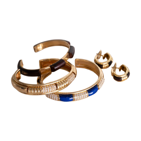 Boucheron France 1980s 18KT Yellow Gold Diamond, Lapis Lazuli & Wood Set front