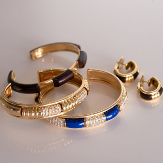 Boucheron France 1980s 18KT Yellow Gold Diamond, Lapis Lazuli & Wood Set front