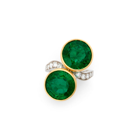 Bulgari 1980s 18KT White & Yellow Gold Emerald & Diamond Ring front