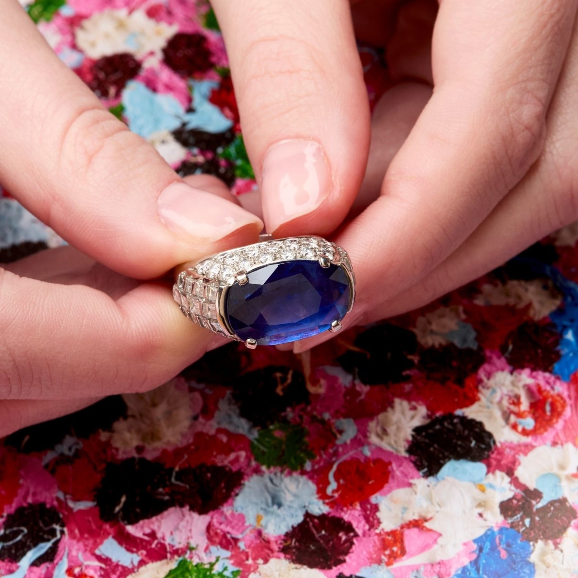 Bulgari Post-1980s 18KT White Gold Sapphire & Diamond Ring front