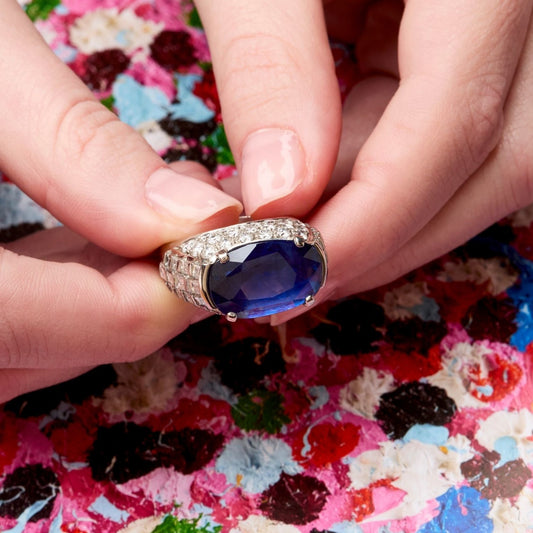 Bulgari Post-1980s 18KT White Gold Sapphire & Diamond Ring front