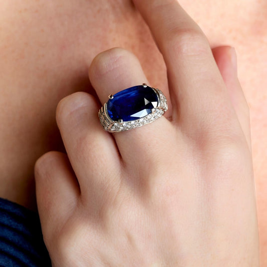 Bulgari Post-1980s 18KT White Gold Sapphire & Diamond Ring on finger