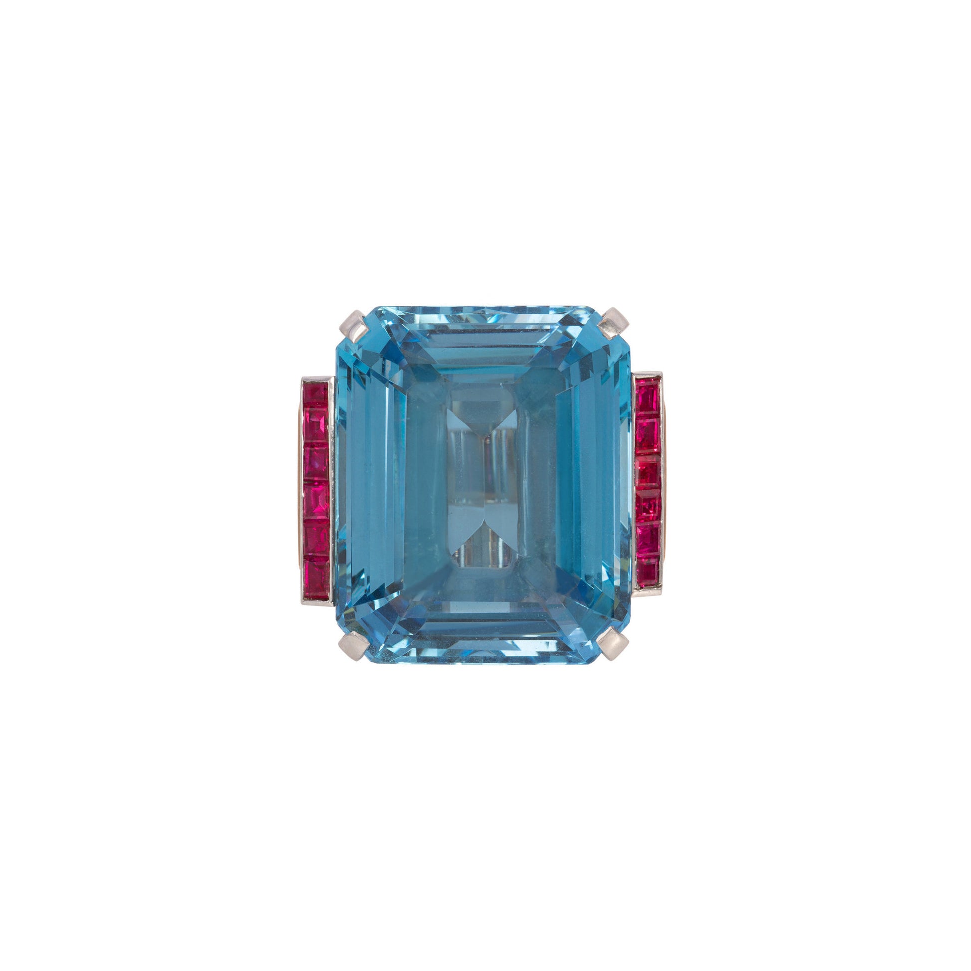 1940s 18KT Yellow Gold Aquamarine & Ruby Ring front