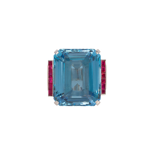 1940s 18KT Yellow Gold Aquamarine & Ruby Ring front