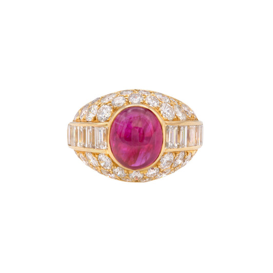 French 1960s 18KT Yellow Gold Ruby & Diamond Ring front