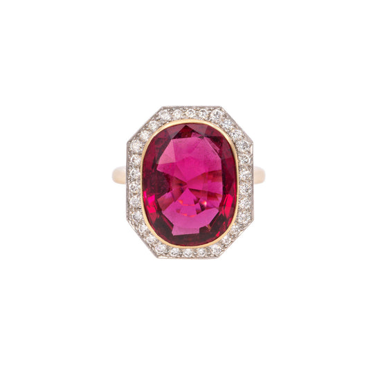 1970s Platinum & 18KT Yellow Gold Tourmaline & Diamond Ring front