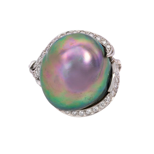 1980s Platinum Natural Pearl & Diamond Ring front