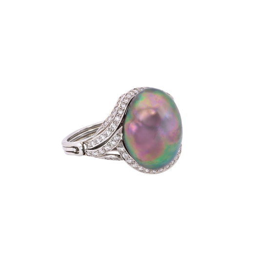 1980s Platinum Natural Pearl & Diamond Ring side