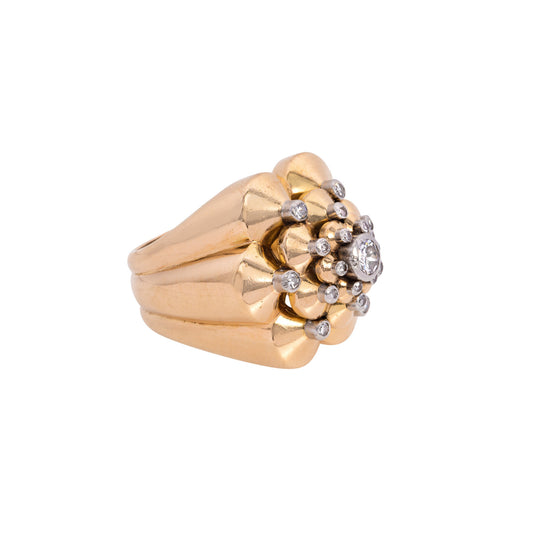 French 1940s 18KT Yellow Gold Diamond Ring on finger front side