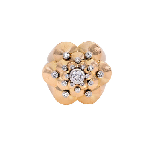 French 1940s 18KT Yellow Gold Diamond Ring on finger front