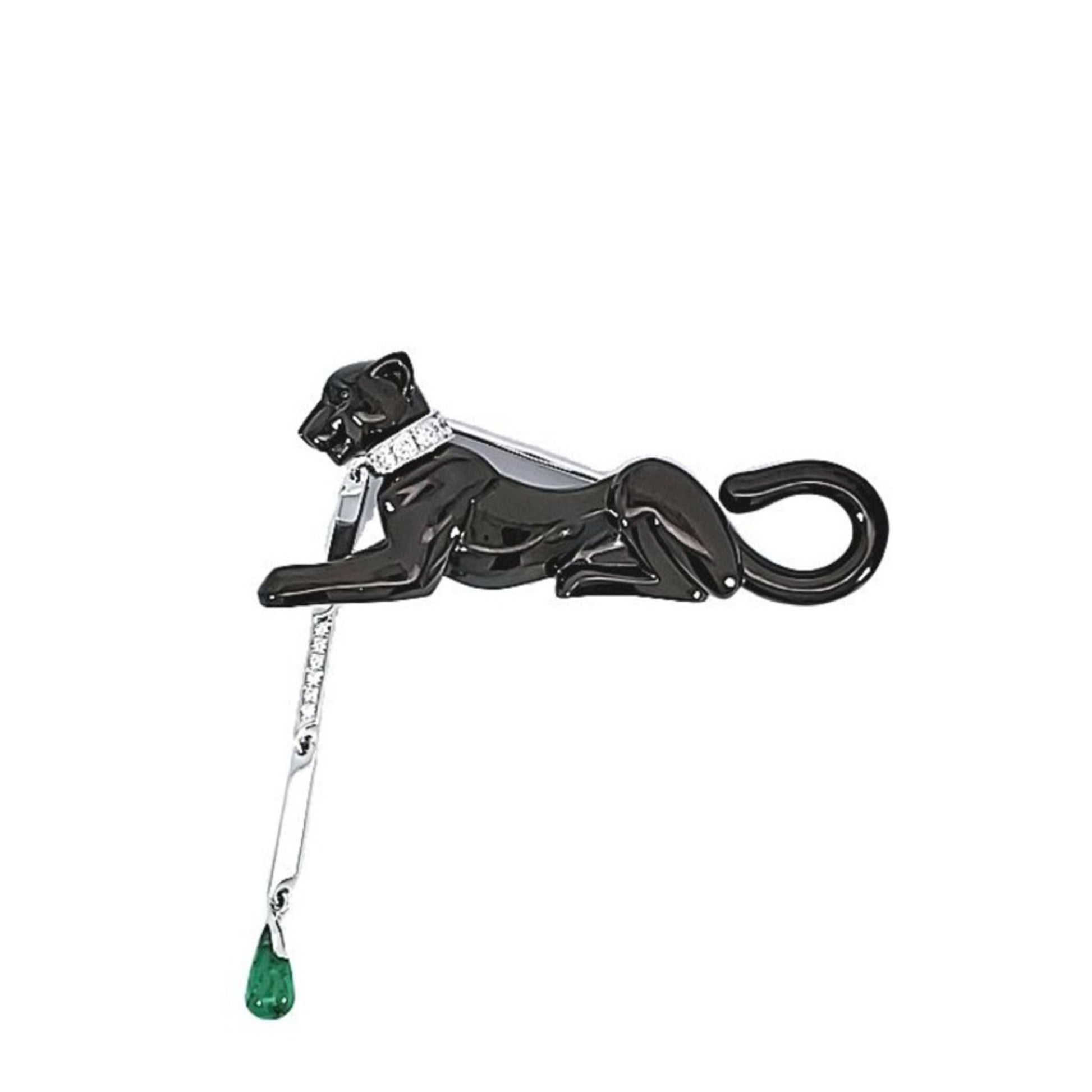 Cartier Paris 18KT White Gold Onyx & Emerald Panther Brooch front
