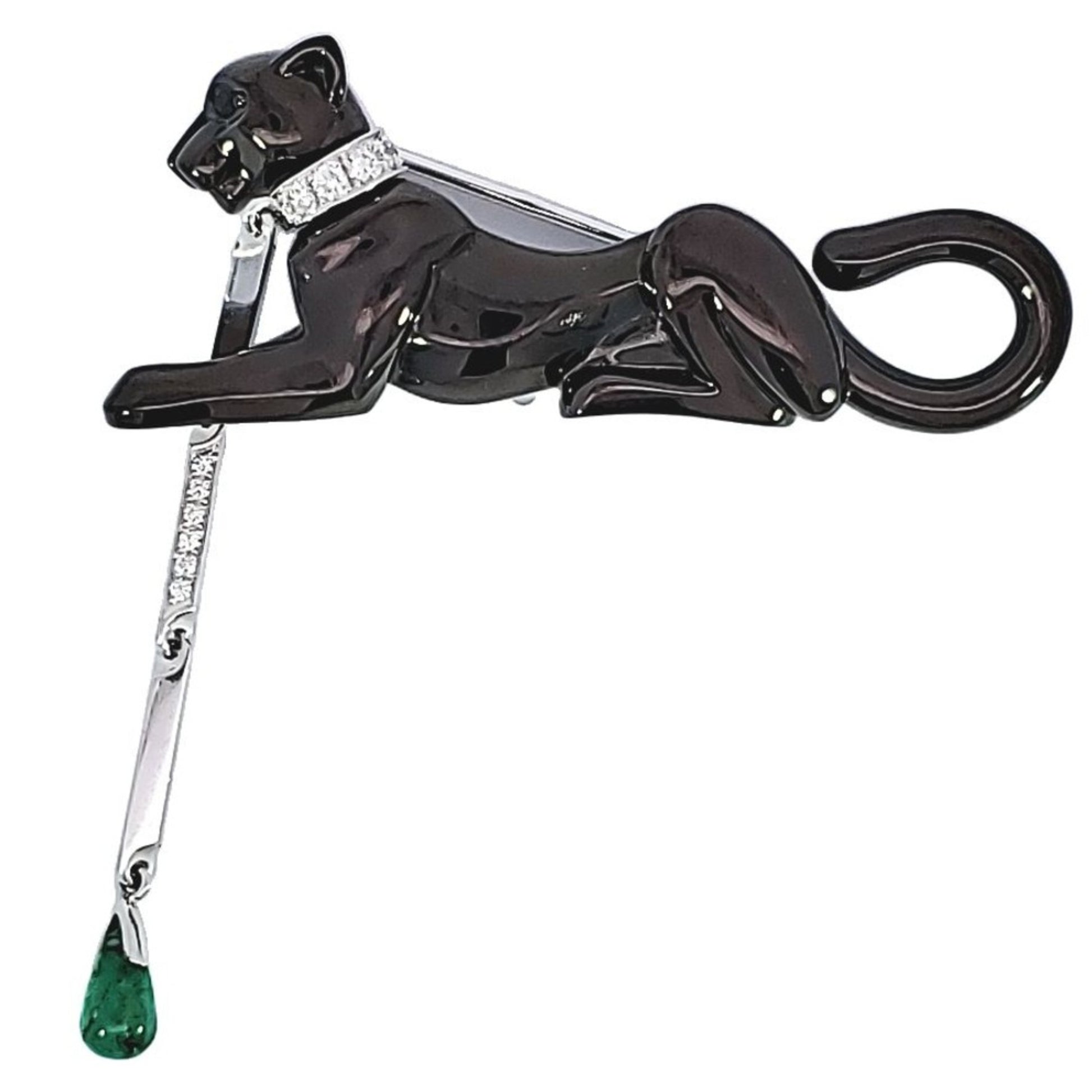 Cartier Paris 18KT White Gold Onyx & Emerald Panther Brooch close-up front