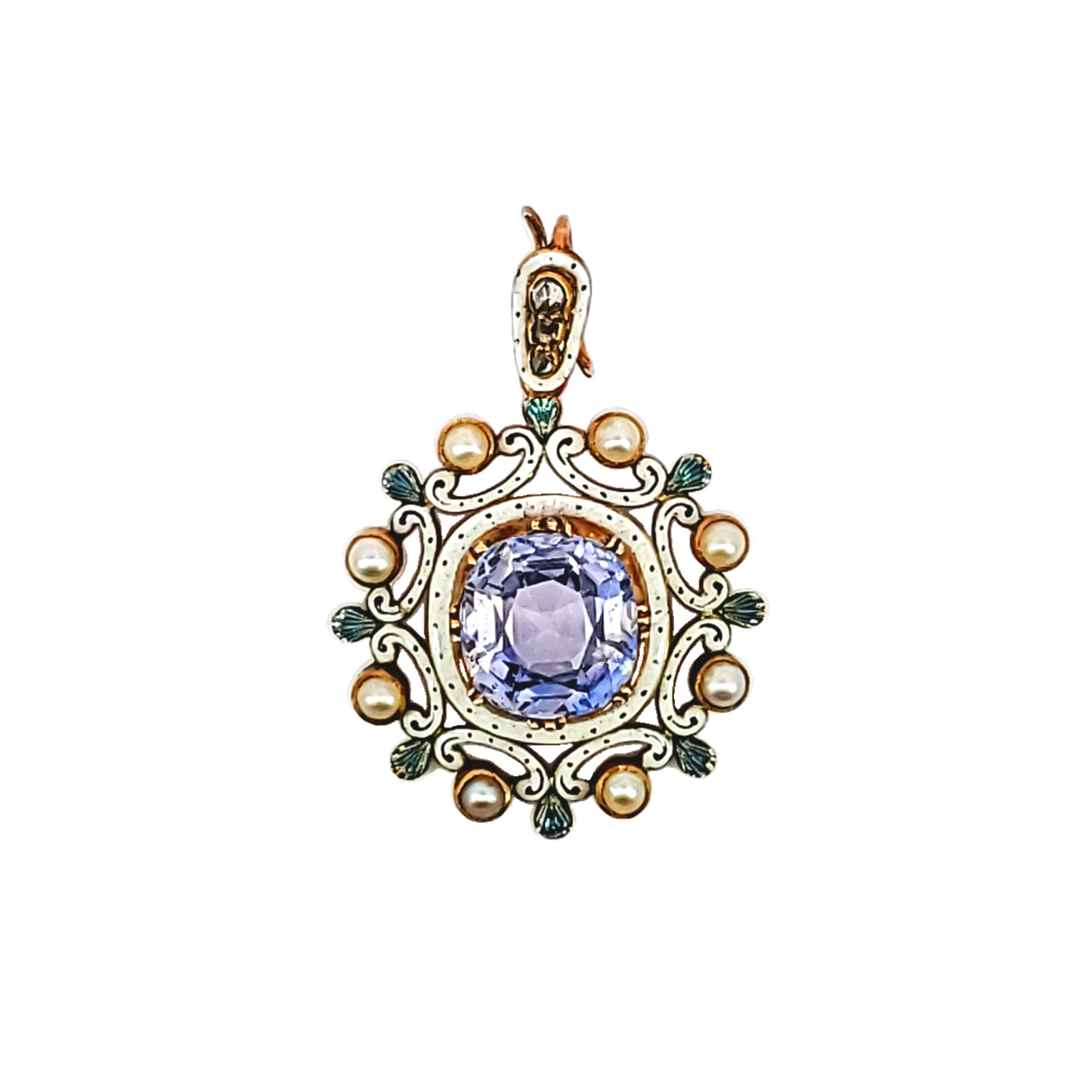 Antique 18KT Yellow Gold Sapphire & Natural Pearl Pendant front