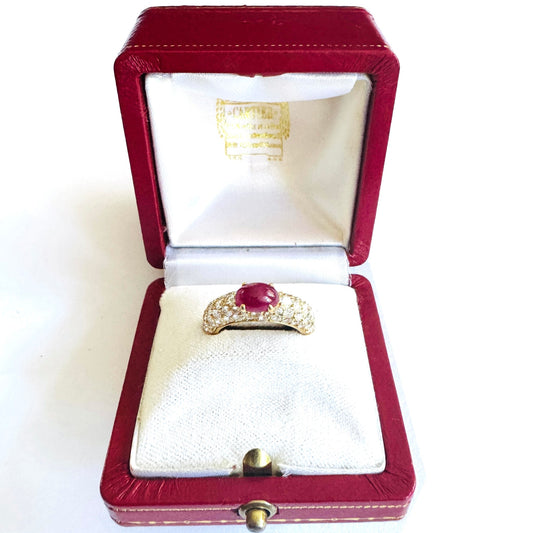 Cartier Paris 1980s 18KT Yellow Gold Ruby & Diamond Ring in box