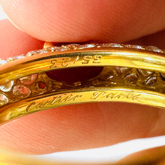 Cartier Paris 1980s 18KT Yellow Gold Ruby & Diamond Ring signature