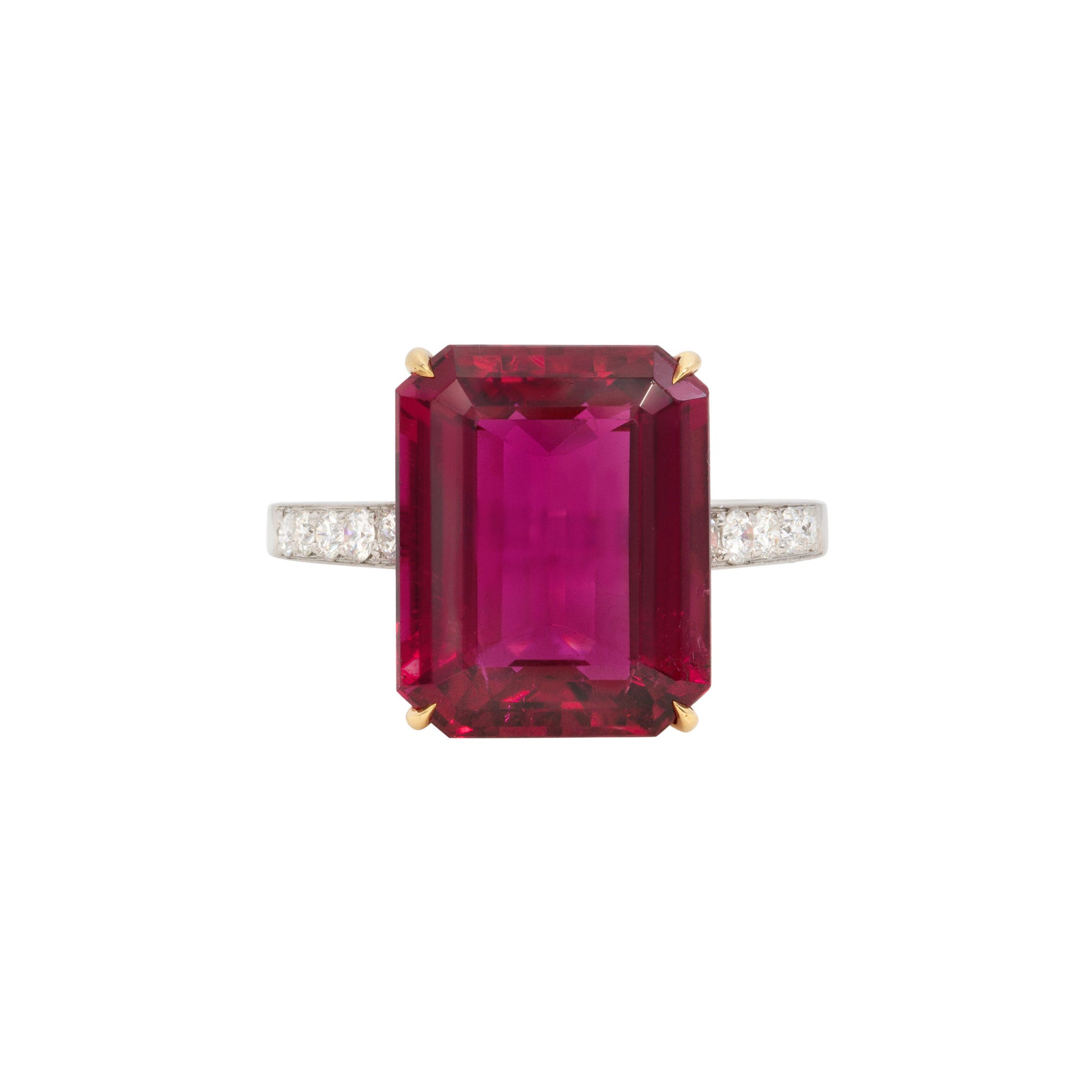 Contemporary Platinum & 18KT Yellow Gold Rubellite & Diamond Ring front