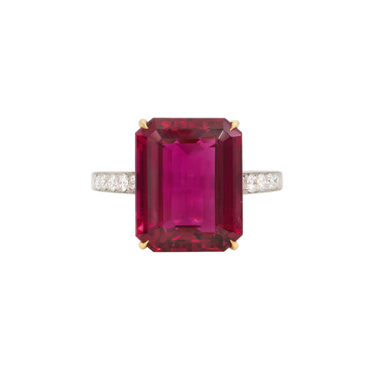 Contemporary Platinum & 18KT Yellow Gold Rubellite & Diamond Ring front
