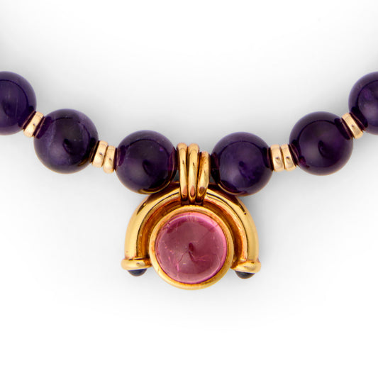 Bulgari Italy 1980s 18KT Yellow Gold Tourmaline & Amethyst Necklace close-up front