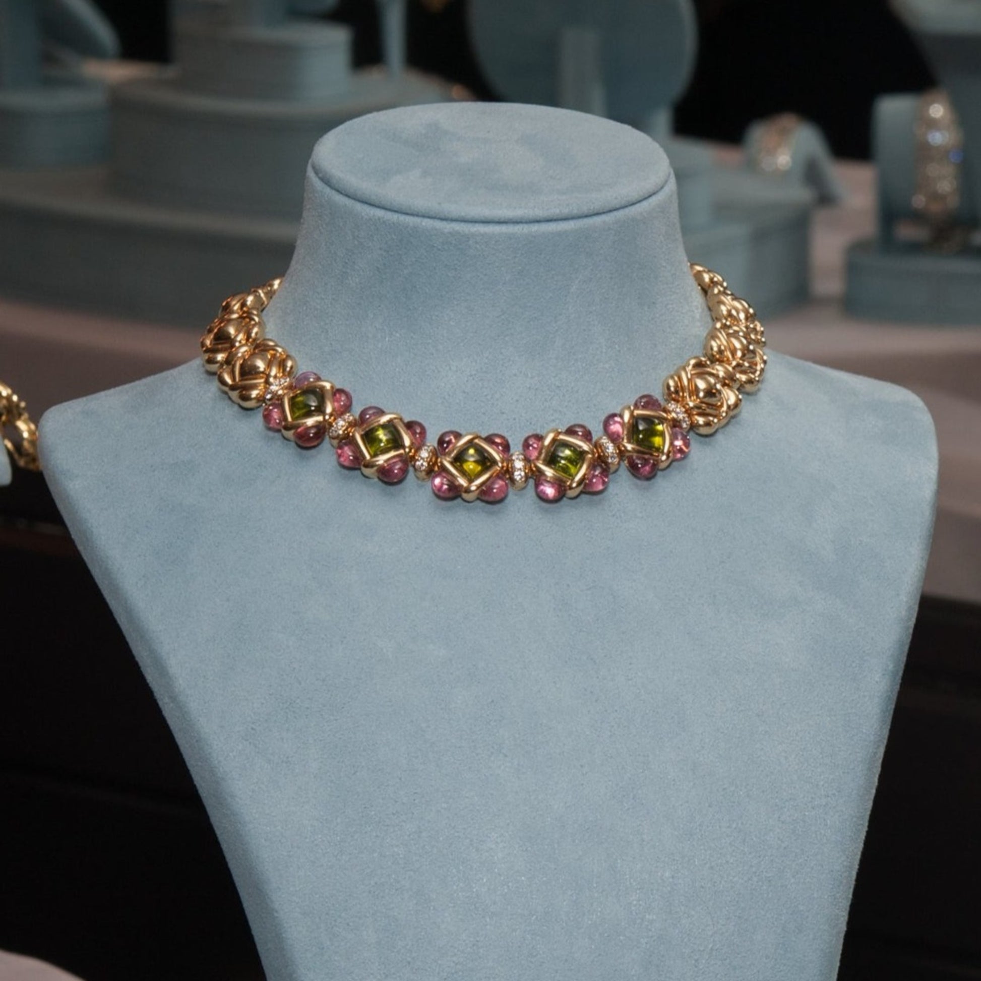 Van Cleef & Arpels NY 1980s 18KT Yellow Gold Peridot, Diamond & Tourmaline Necklace front