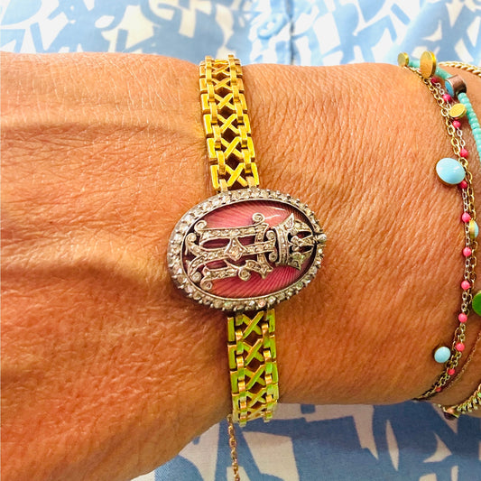 Austrian Victorian Silver & 18KT Yellow Gold Diamond & Enamel Bracelet on wrist