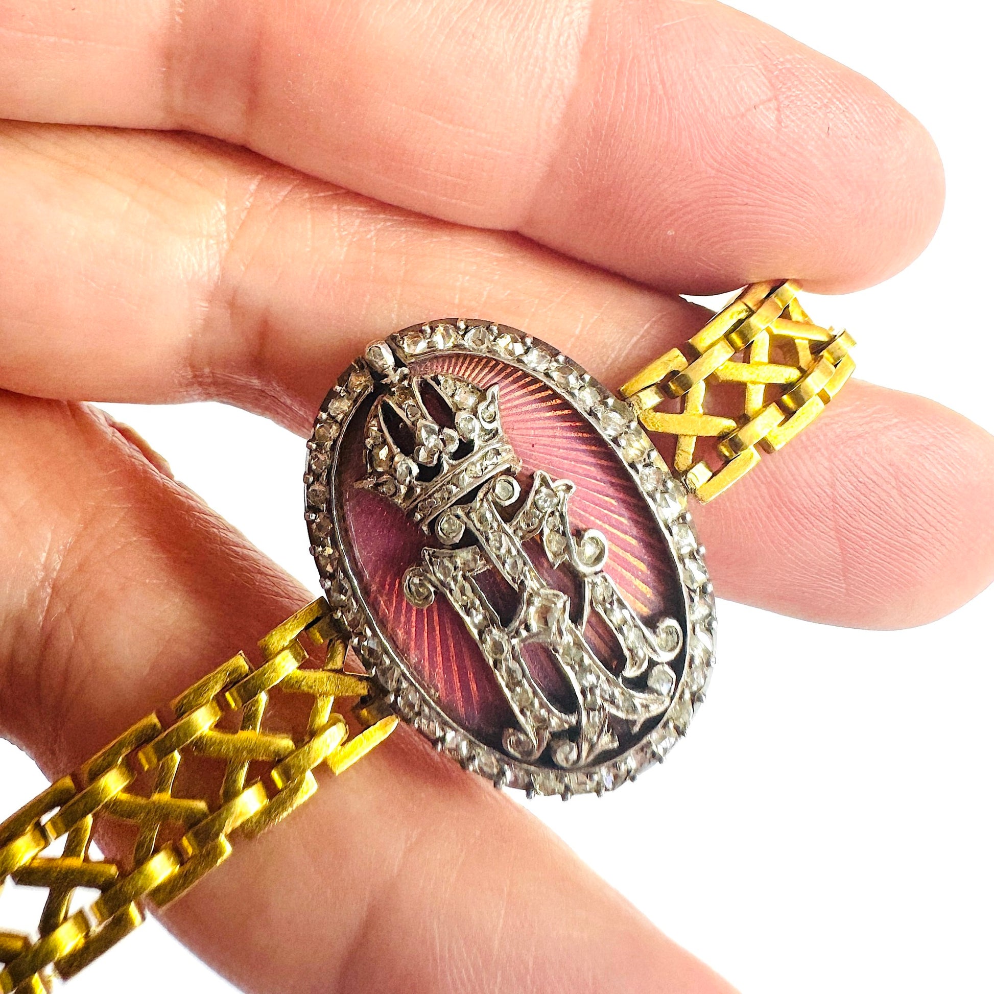 Austrian Victorian Silver & 18KT Yellow Gold Diamond & Enamel Bracelet close-up details