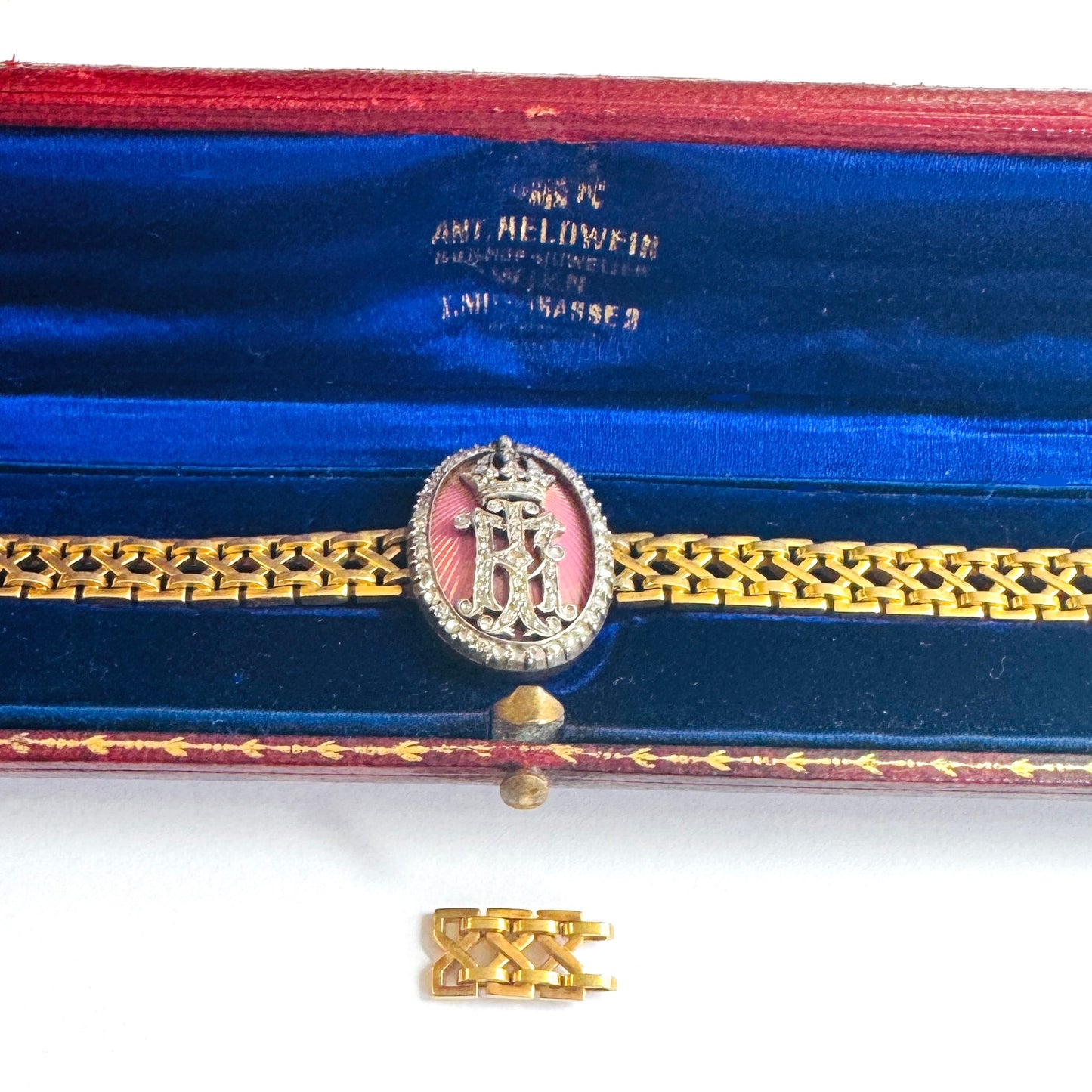 Austrian Victorian Silver & 18KT Yellow Gold Diamond & Enamel Bracelet in box