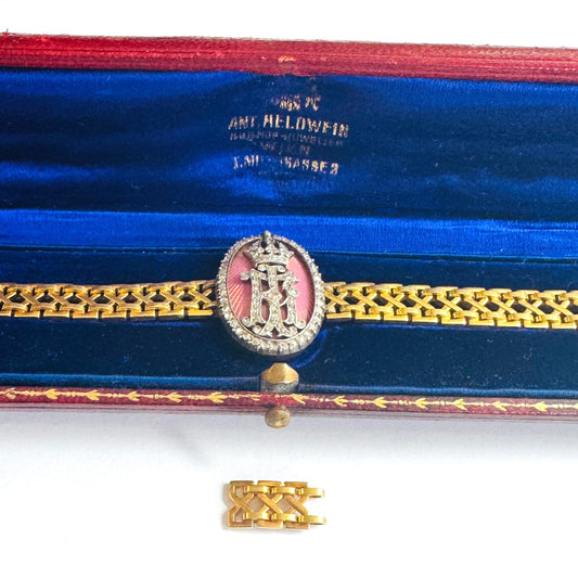 Austrian Victorian Silver & 18KT Yellow Gold Diamond & Enamel Bracelet in box