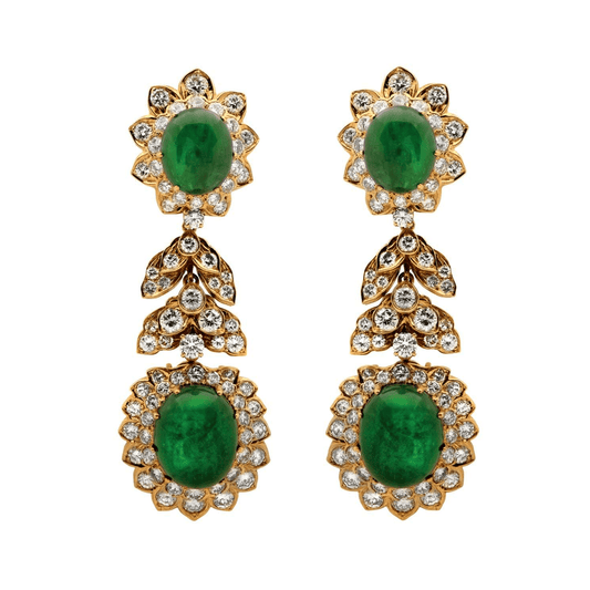 David Webb NY 1980s 18KT Yellow Gold Emerald & Diamond Earrings front