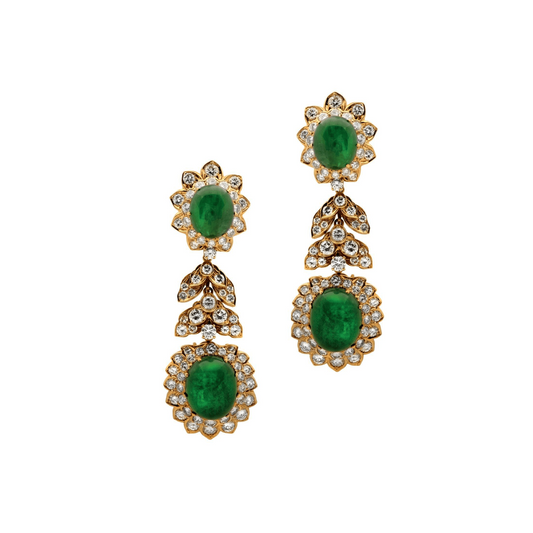David Webb NY 1980s 18KT Yellow Gold Emerald & Diamond Earrings front
