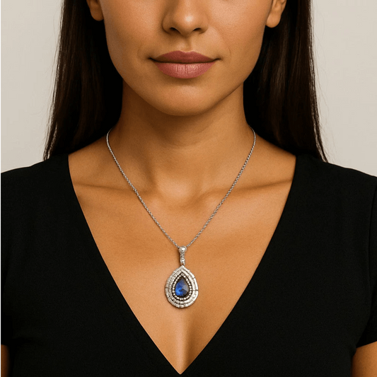 Post-1980s 18KT White Gold Sapphire & Diamond Necklace on neck