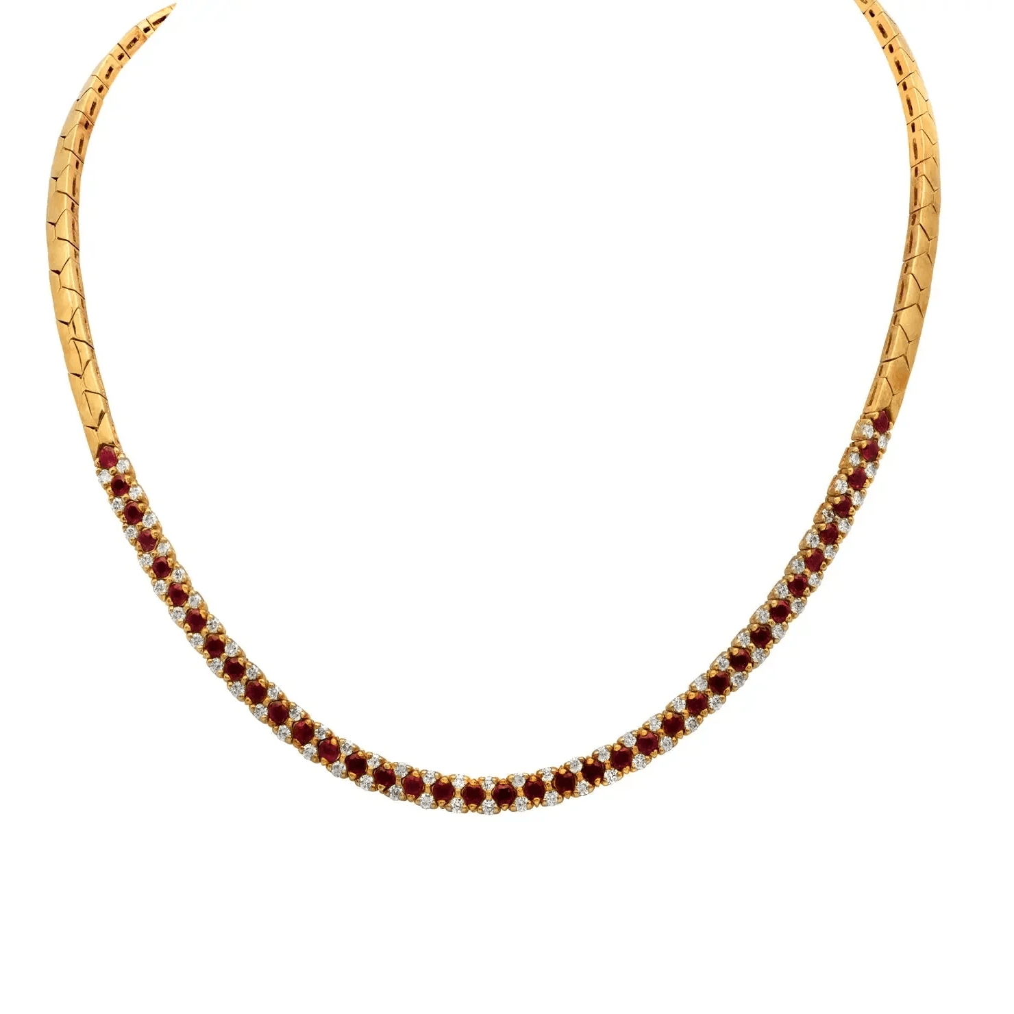 Contemporary 18KT Yellow Gold Ruby & Diamond Necklace front