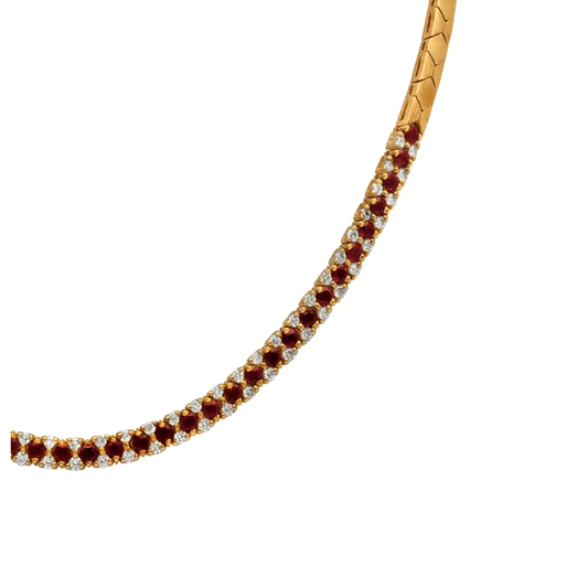 Contemporary 18KT Yellow Gold Ruby & Diamond Necklace close-up details